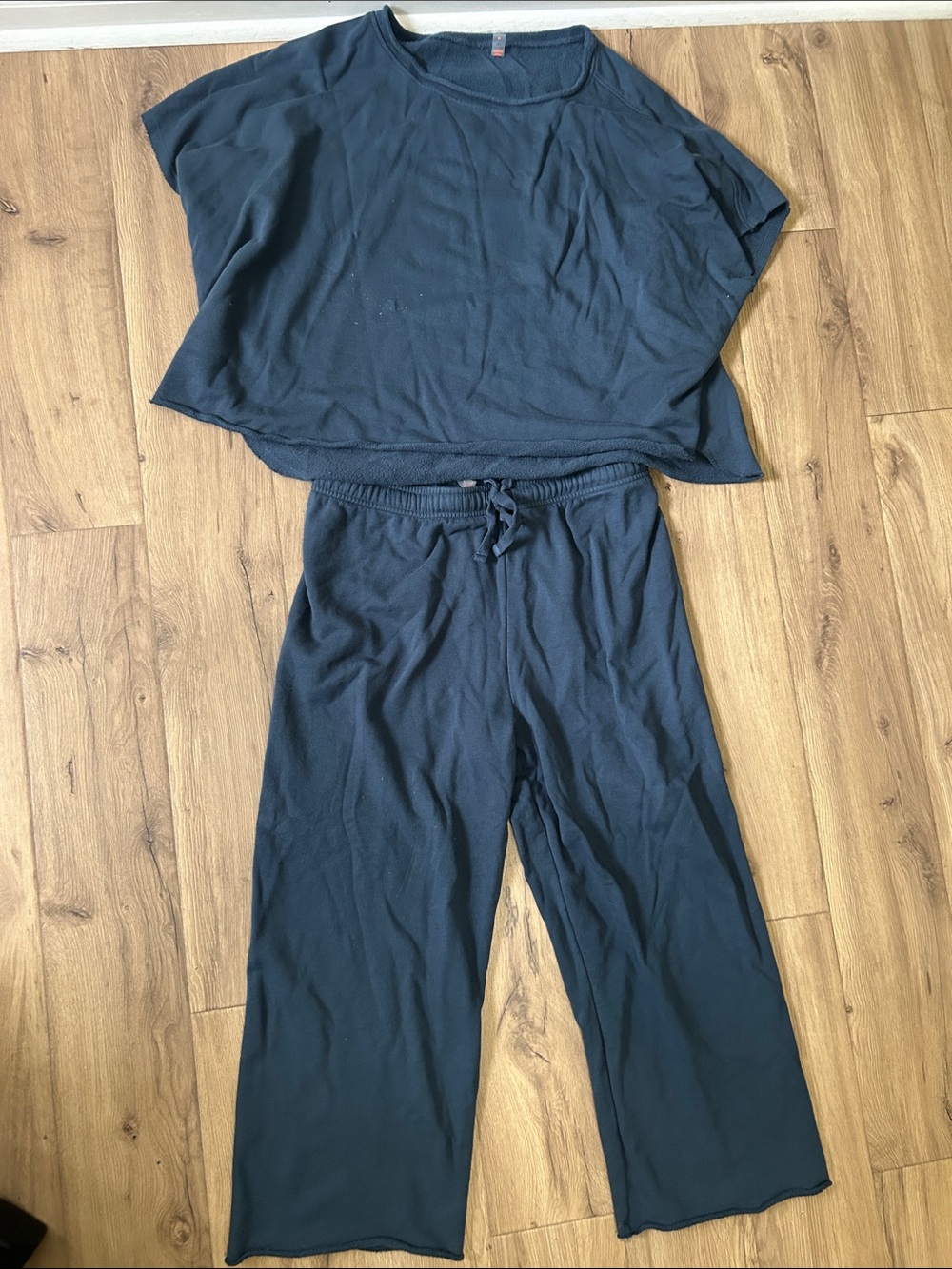Navy Two-Piece Lounge Set - Relaxed Crop Top & Drawstring Pants